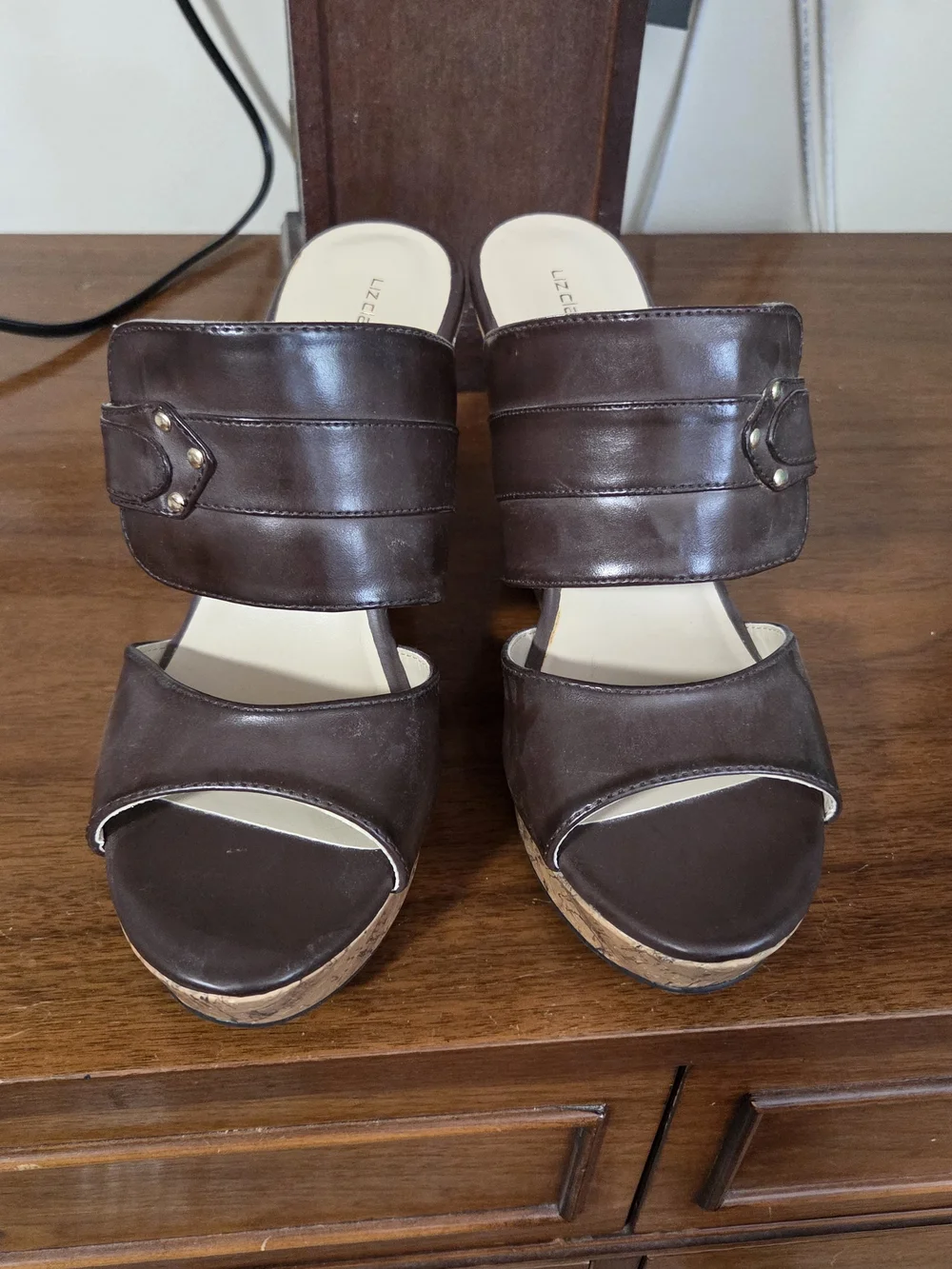 Liz Claiborne Dark Brown Leather Cork Wedge Sandals